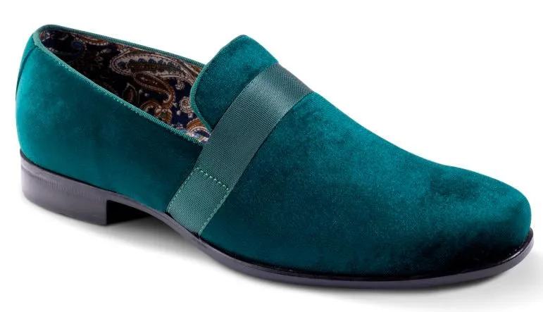 Emerald Green Velvet Men's Shoe Slip-on with a satin ribbon Loafer