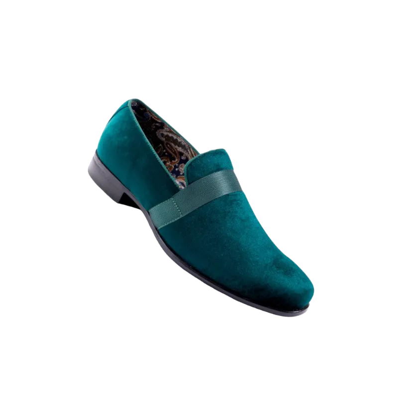 Emerald Green Velvet Men's Shoe Slip-on with a satin ribbon Loafer