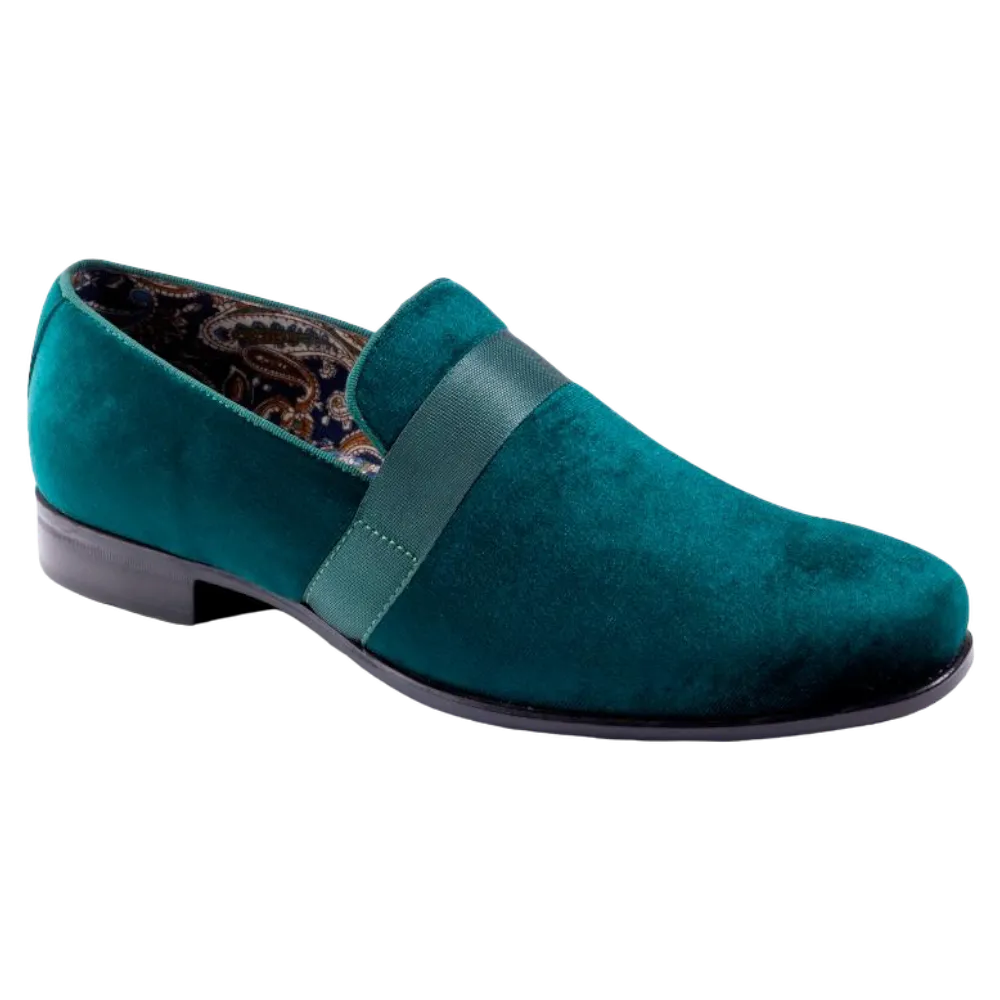 Emerald Green Velvet Men's Shoe Slip-on with a satin ribbon Loafer