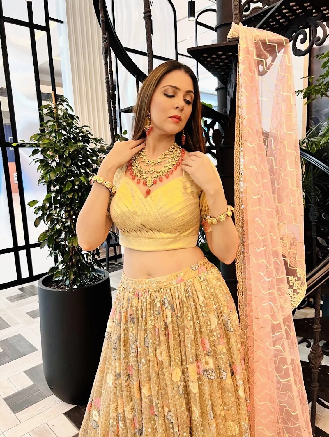 Emirati wedding outfits for Women Shanaya Gold and Pink Sequins Floral Lehenga (Ready-to-Wear)