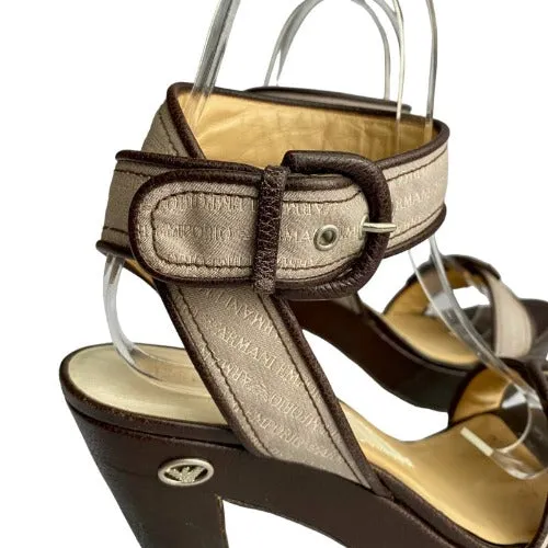 EMPORIO ARMANI Monogram Nude Strapped Brown Leather Sole Platform Sandals, Size 40