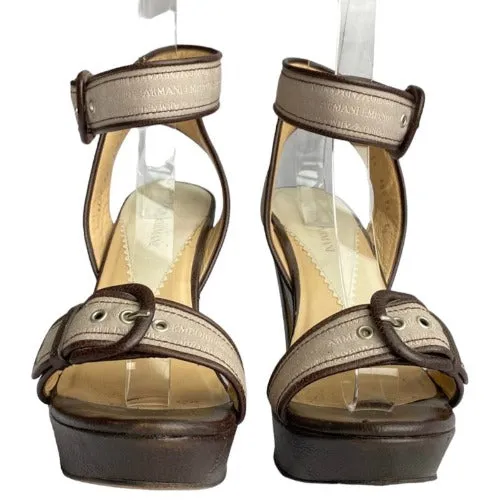 EMPORIO ARMANI Monogram Nude Strapped Brown Leather Sole Platform Sandals, Size 40