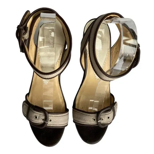 EMPORIO ARMANI Monogram Nude Strapped Brown Leather Sole Platform Sandals, Size 40