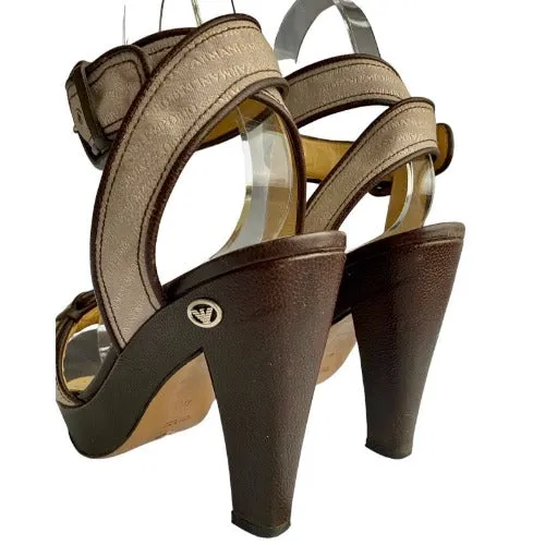 EMPORIO ARMANI Monogram Nude Strapped Brown Leather Sole Platform Sandals, Size 40