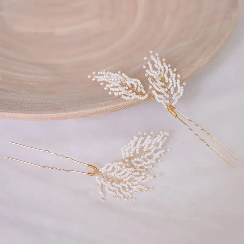 Feather Leaf White Beaded Hair Pins