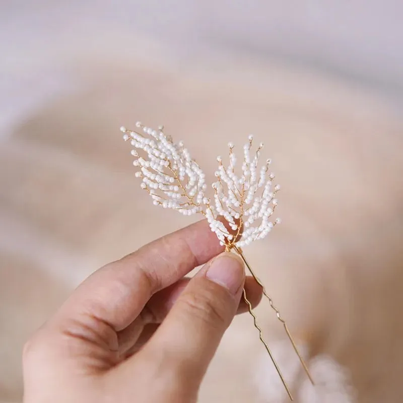 Feather Leaf White Beaded Hair Pins