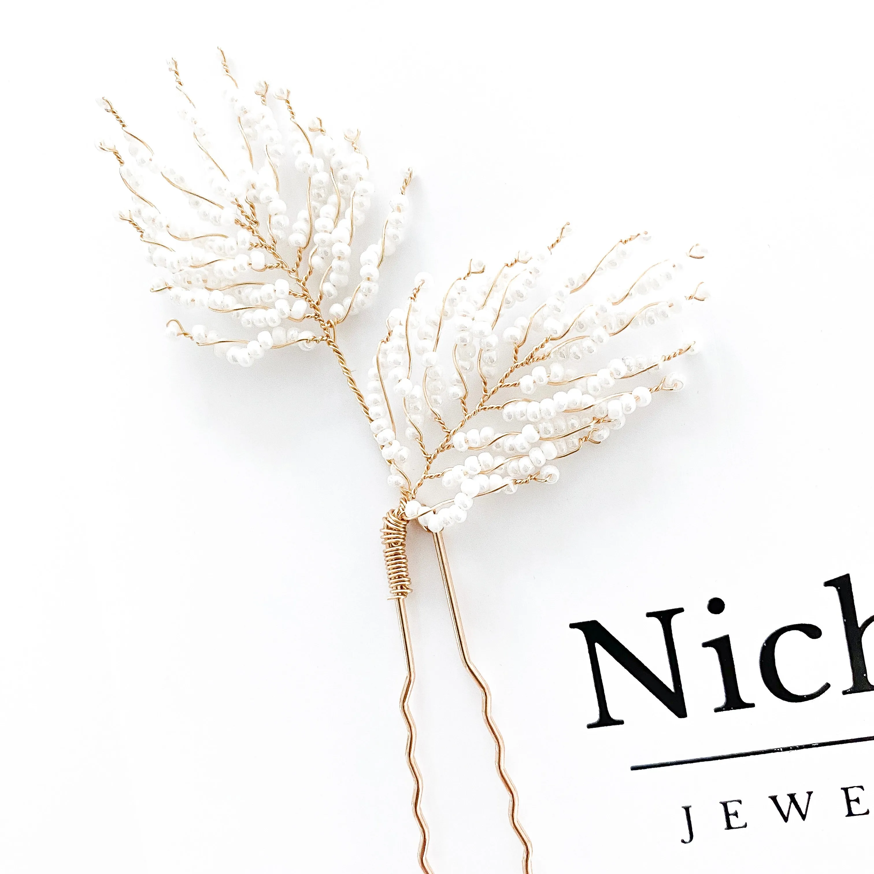 Feather Leaf White Beaded Hair Pins