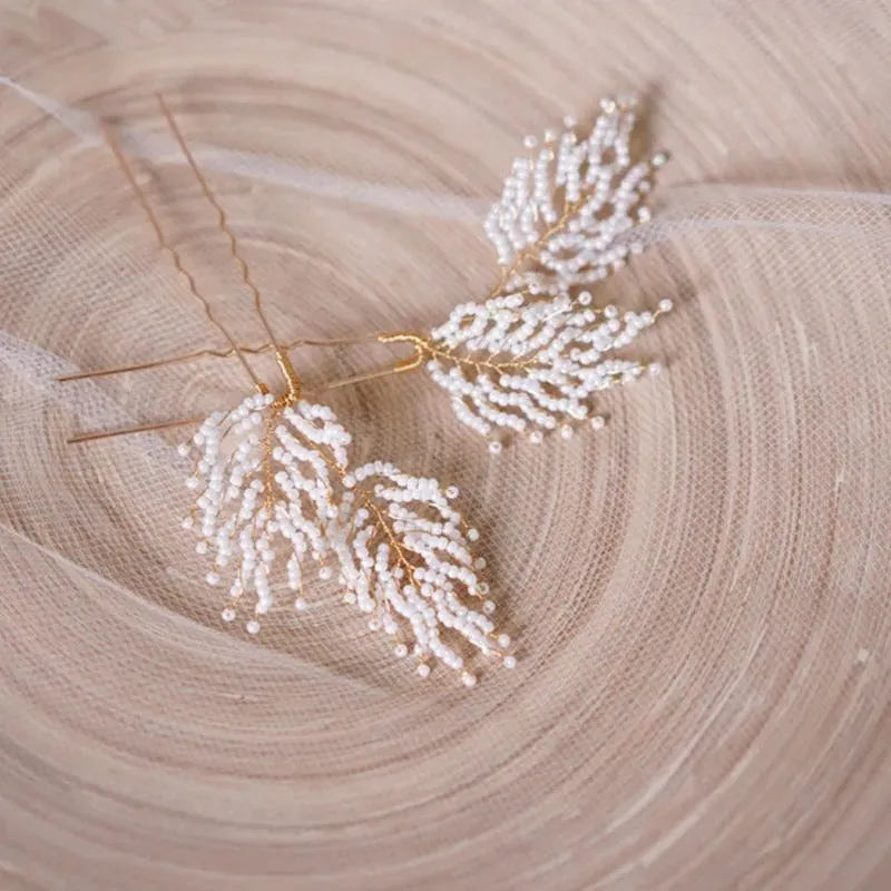 Feather Leaf White Beaded Hair Pins