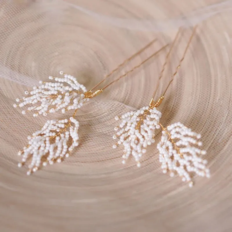 Feather Leaf White Beaded Hair Pins