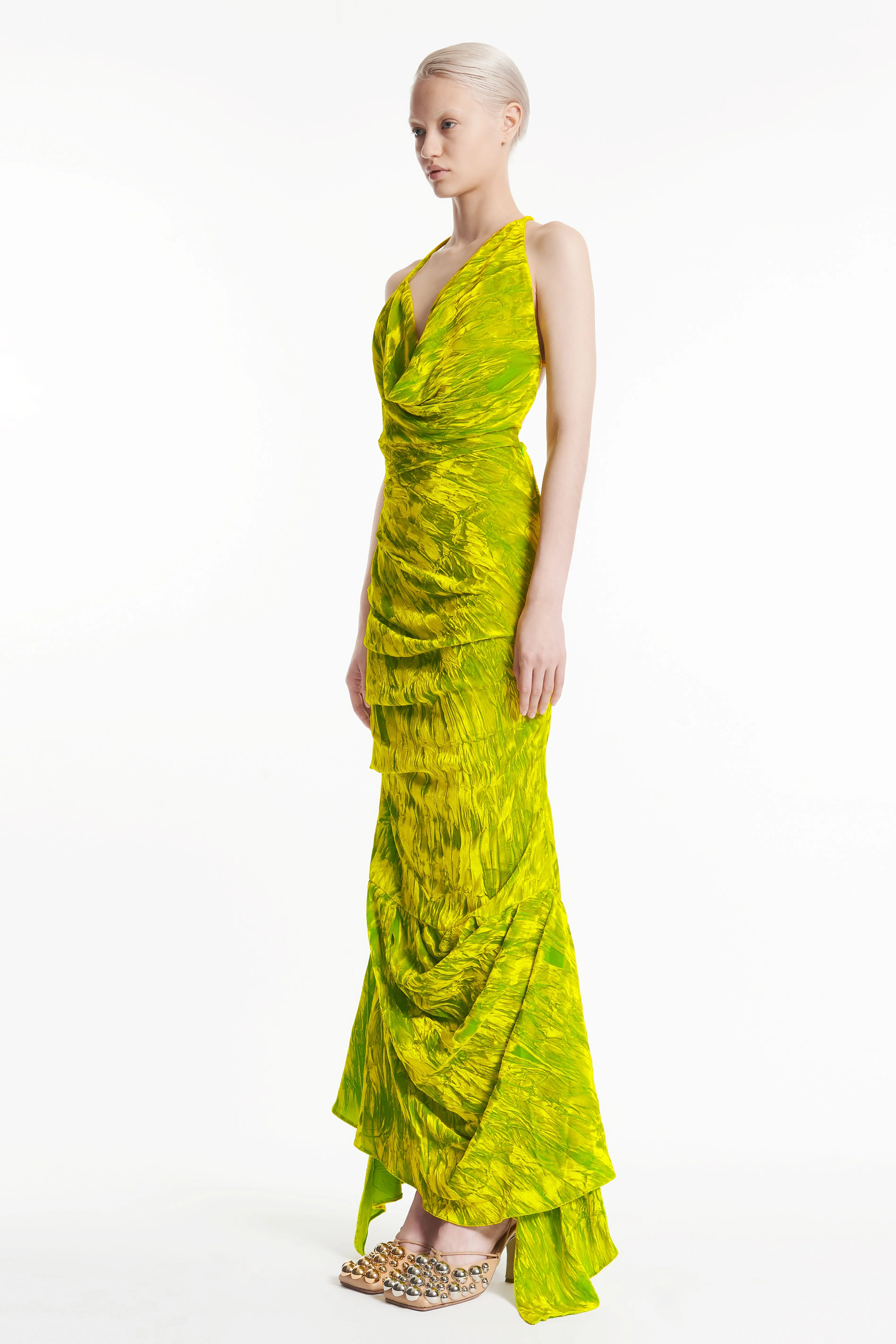 Fitted Asymmetric Draped Dress Citron