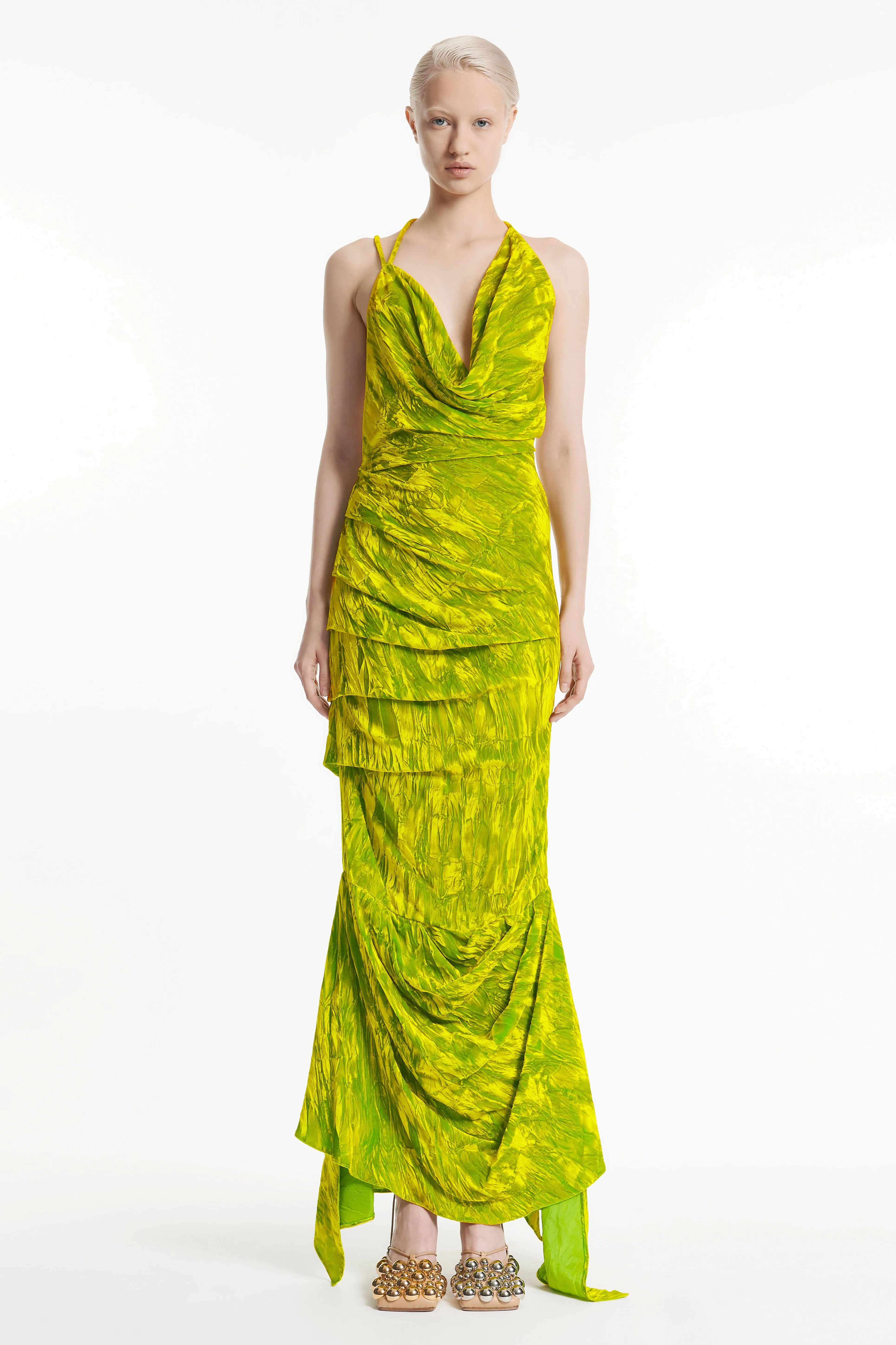 Fitted Asymmetric Draped Dress Citron