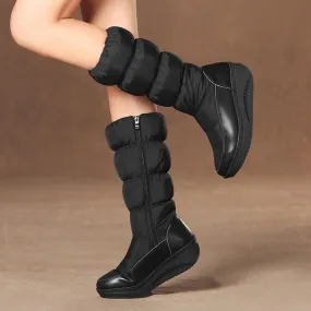 Flat Round Toe Patchwork Snow Mid Calf Boots