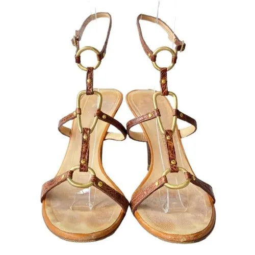 GIUSEPPE ZANOTTI Brown Leather Strappy w Gold Ring Gold Heeled Sandals, Size 37.5