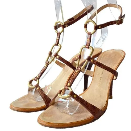 GIUSEPPE ZANOTTI Brown Leather Strappy w Gold Ring Gold Heeled Sandals, Size 37.5