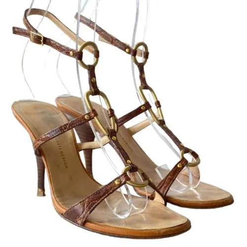 GIUSEPPE ZANOTTI Brown Leather Strappy w Gold Ring Gold Heeled Sandals, Size 37.5