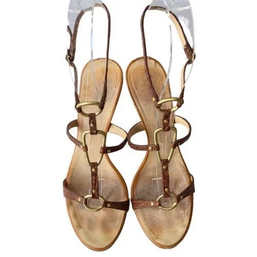 GIUSEPPE ZANOTTI Brown Leather Strappy w Gold Ring Gold Heeled Sandals, Size 37.5