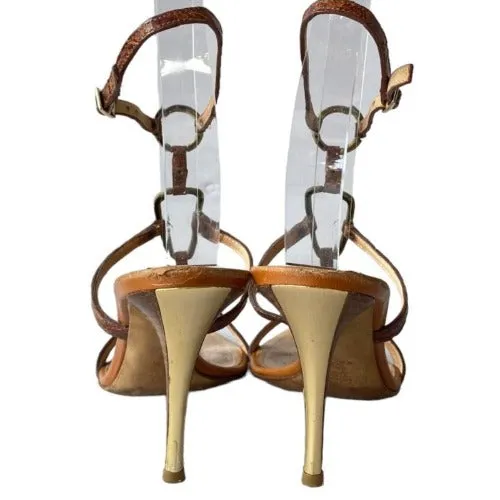 GIUSEPPE ZANOTTI Brown Leather Strappy w Gold Ring Gold Heeled Sandals, Size 37.5