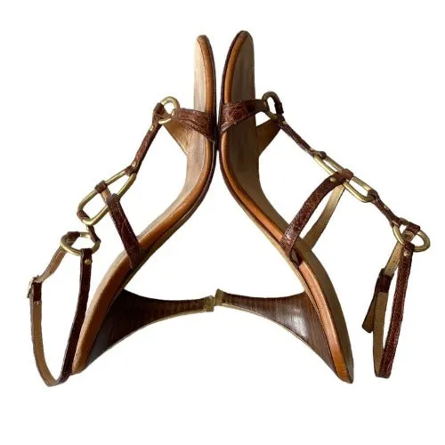 GIUSEPPE ZANOTTI Brown Leather Strappy w Gold Ring Gold Heeled Sandals, Size 37.5