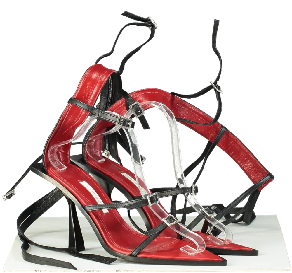 God Save Queens Black and Red Strappy Wild Striped Heeled Sandals EU 39 UK 6
