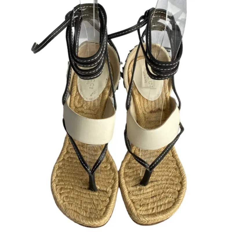 GUCCI White/Black Leather Floral Applique Thong Ankle Wrap Sandals, Size 36