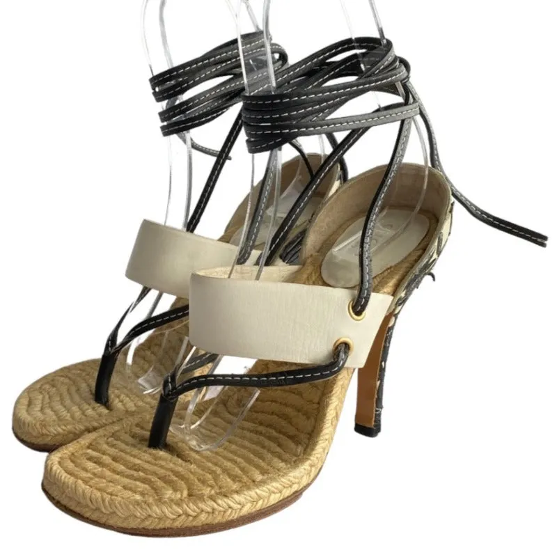 GUCCI White/Black Leather Floral Applique Thong Ankle Wrap Sandals, Size 36