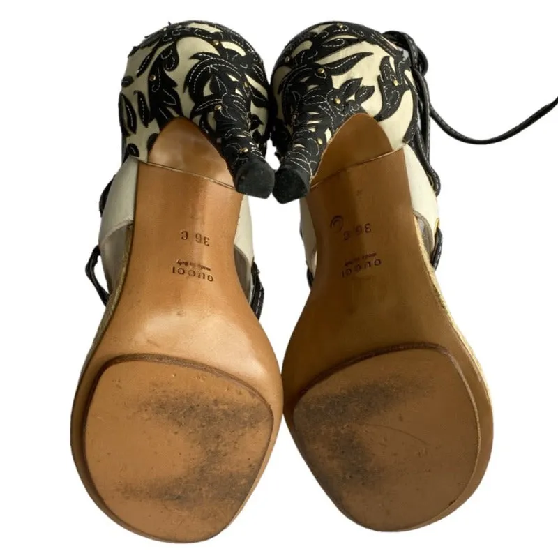 GUCCI White/Black Leather Floral Applique Thong Ankle Wrap Sandals, Size 36