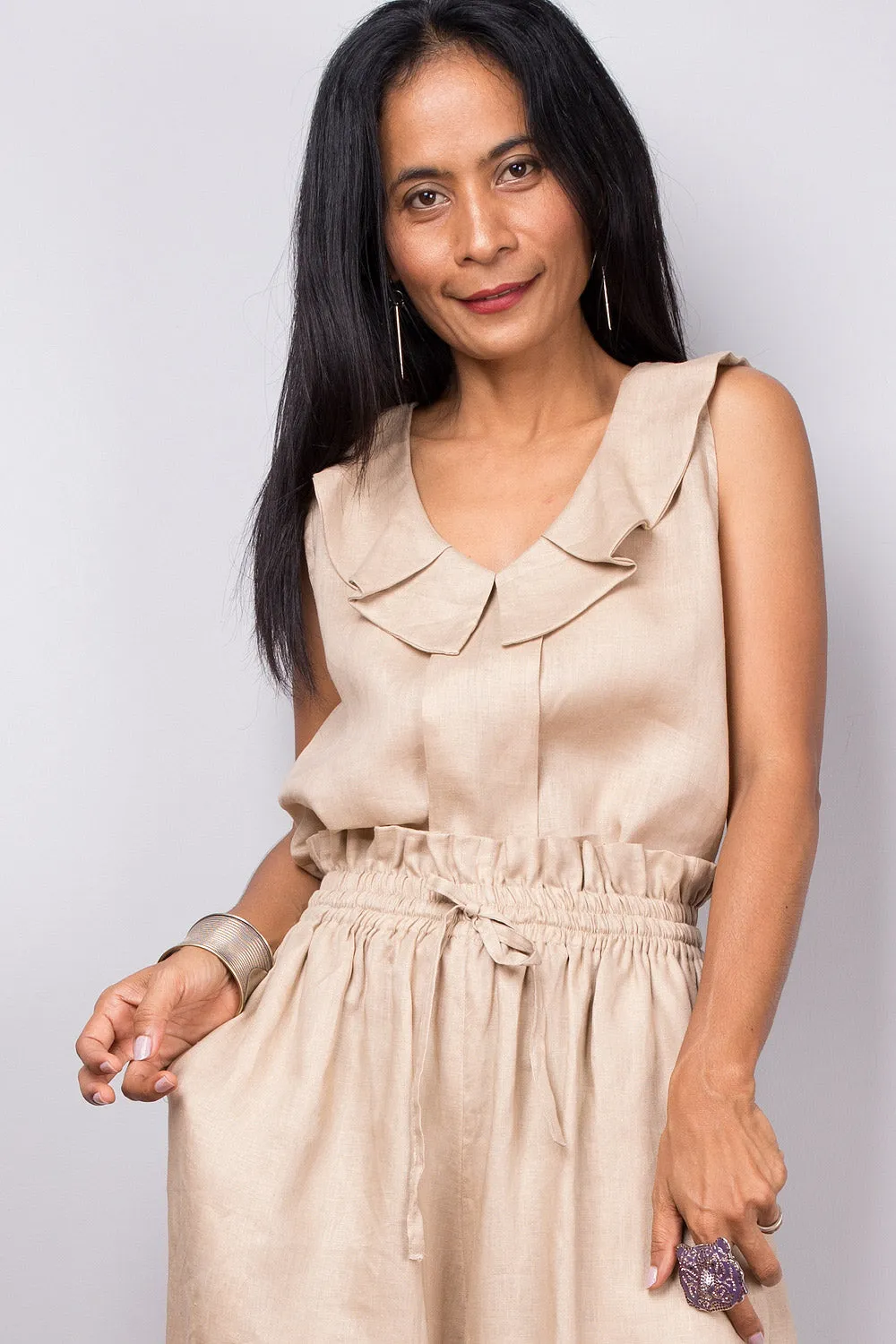 Handmade natural linen long wide leg palazzo pants with pockets. Beige high waist women's summer pants