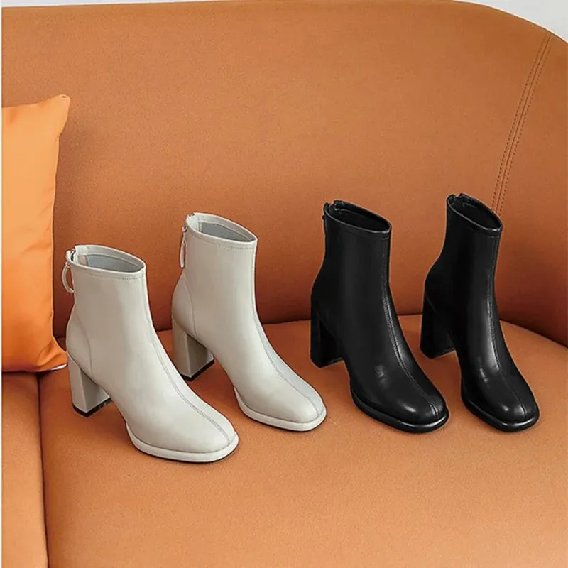 Hnzxzm Autumn Women Ankle Boots Fashion Elegant Soft Leather Shoes Thick Heel Women's Modern Short Booties