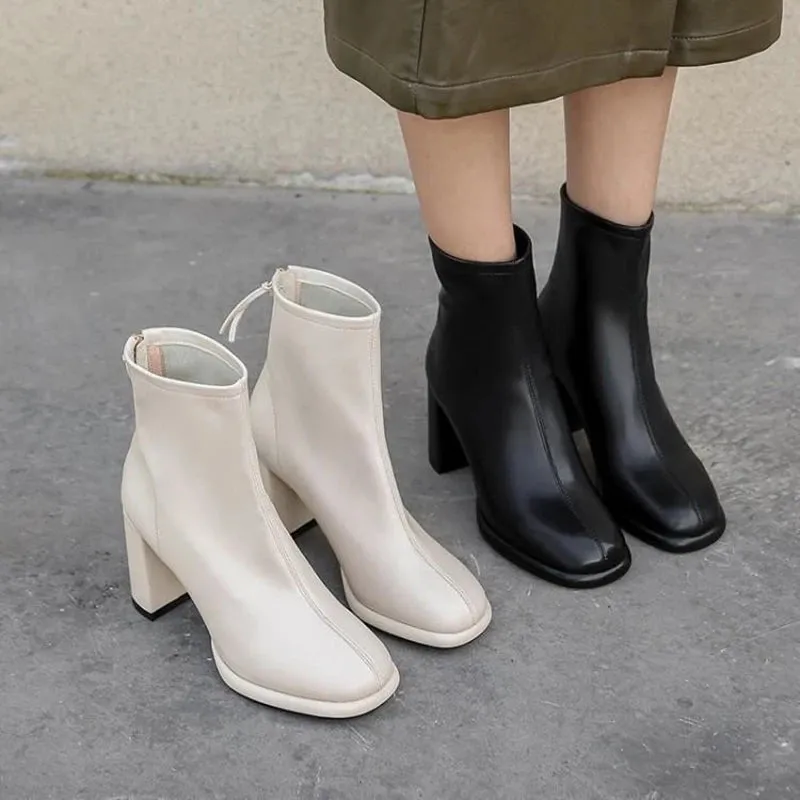 Hnzxzm Autumn Women Ankle Boots Fashion Elegant Soft Leather Shoes Thick Heel Women's Modern Short Booties