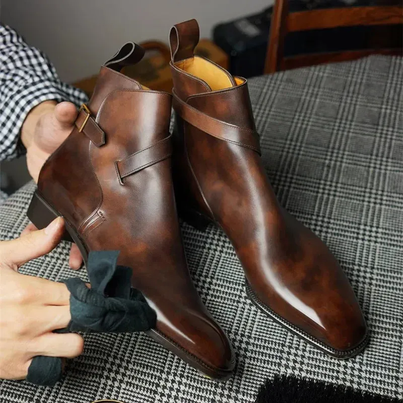 Hnzxzm New Brown Short Boots for Men Black Buckle Strap Fashion Ankle Boots  Business Square Toe Men Boots