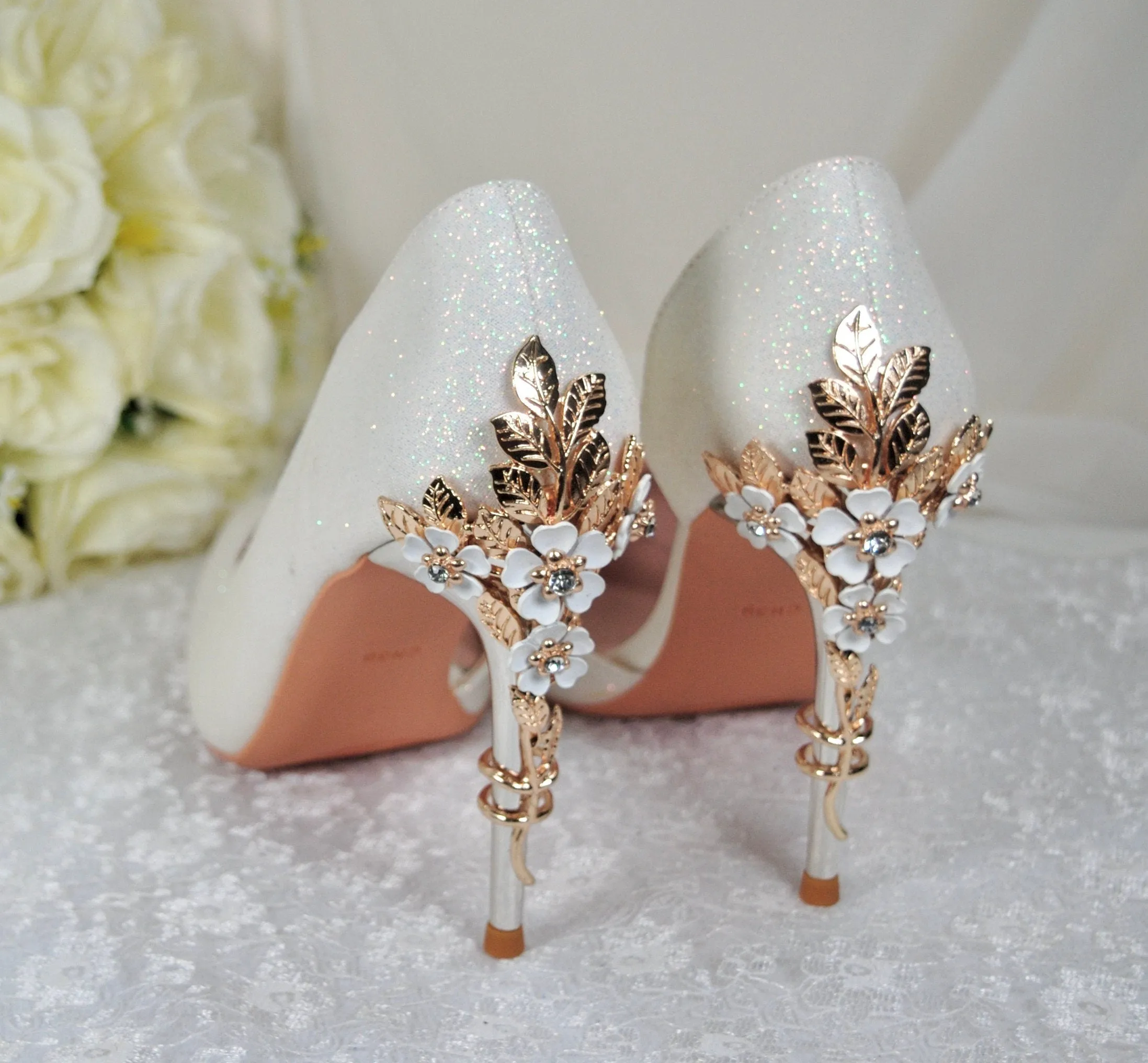 Ivory Shimmer Bridal Shoes with Cherry Blossom