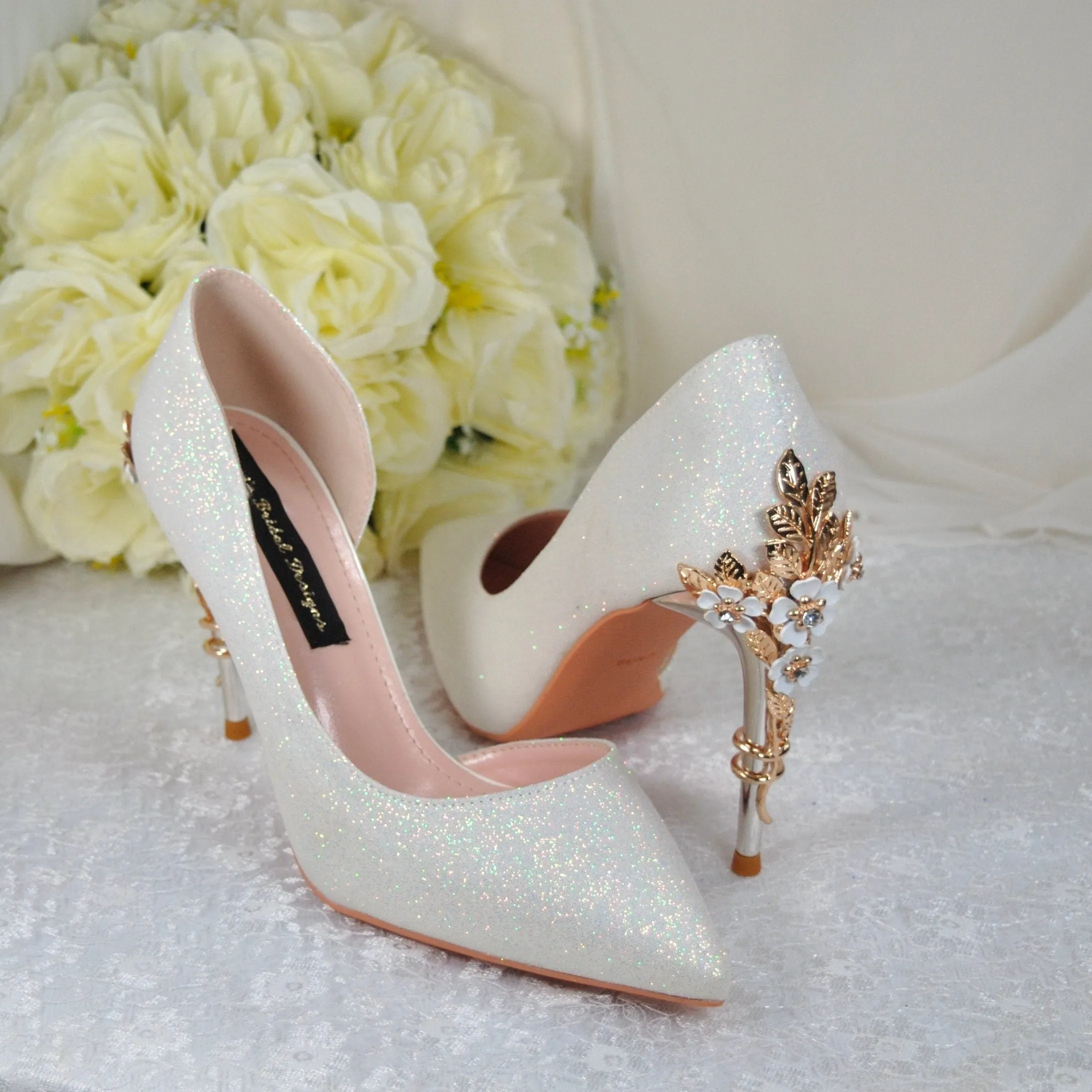 Ivory Shimmer Bridal Shoes with Cherry Blossom