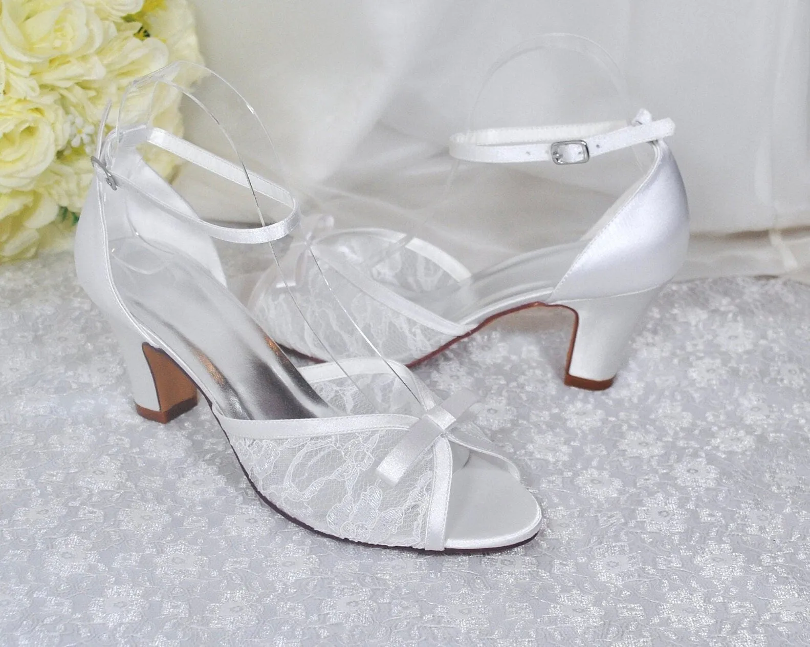 Lace Block Heel Sandals | Ivory or White