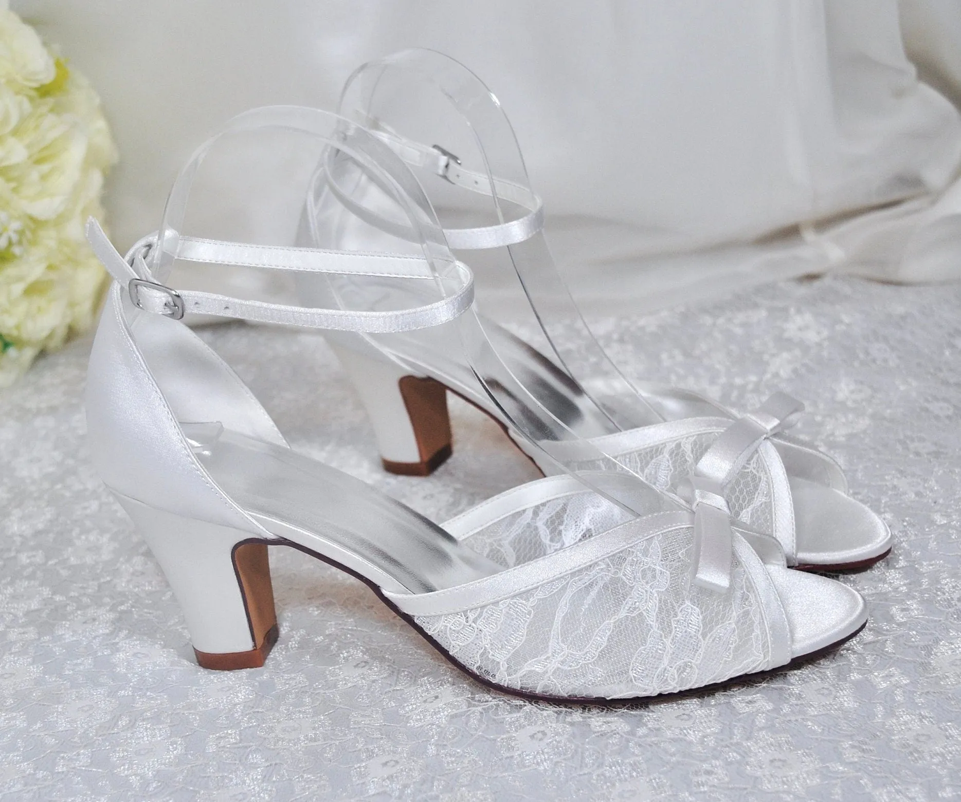 Lace Block Heel Sandals | Ivory or White
