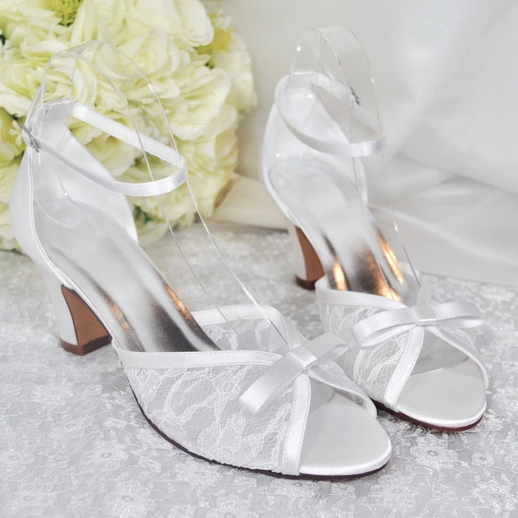 Lace Block Heel Sandals | Ivory or White