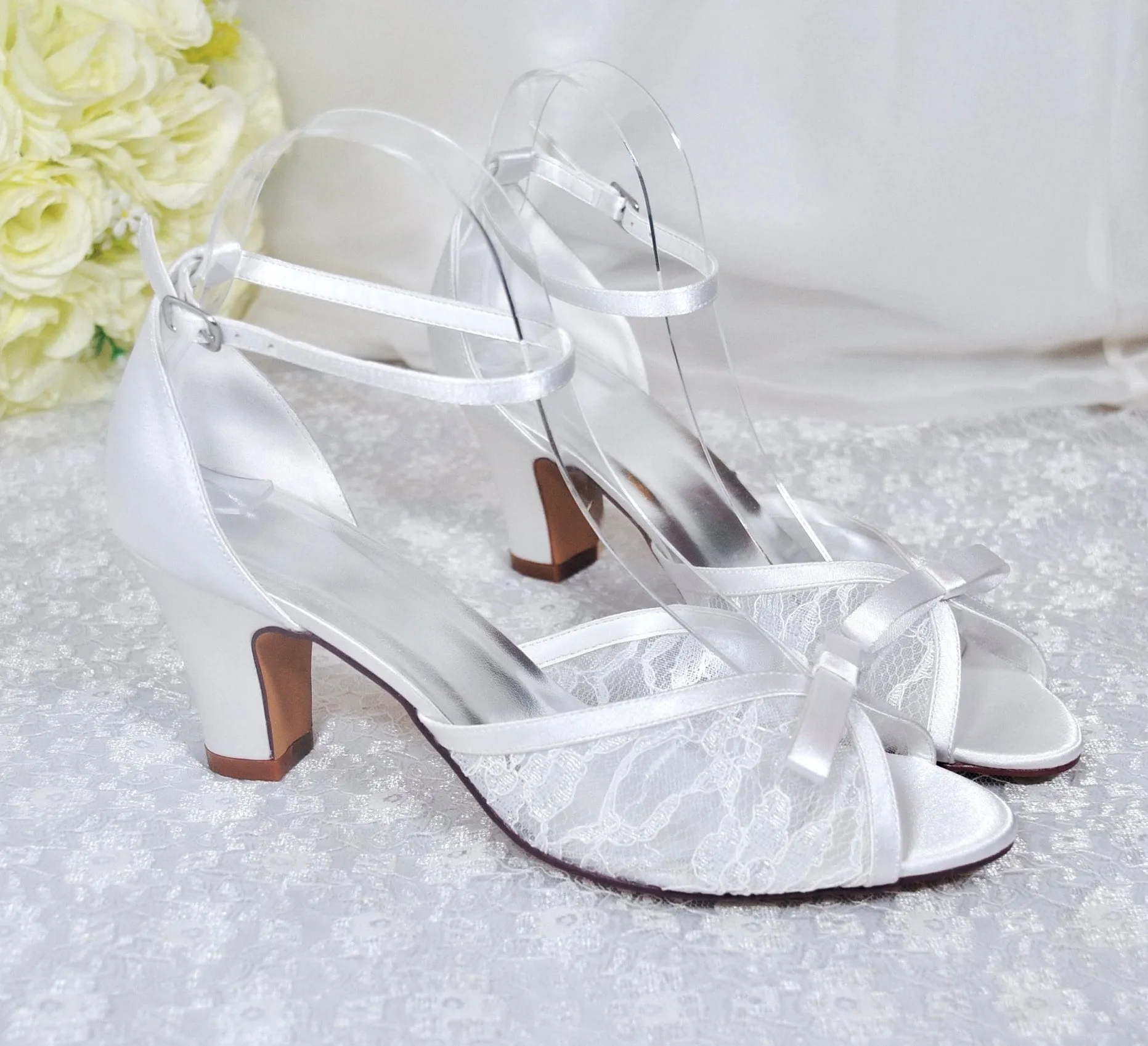 Lace Block Heel Sandals | Ivory or White