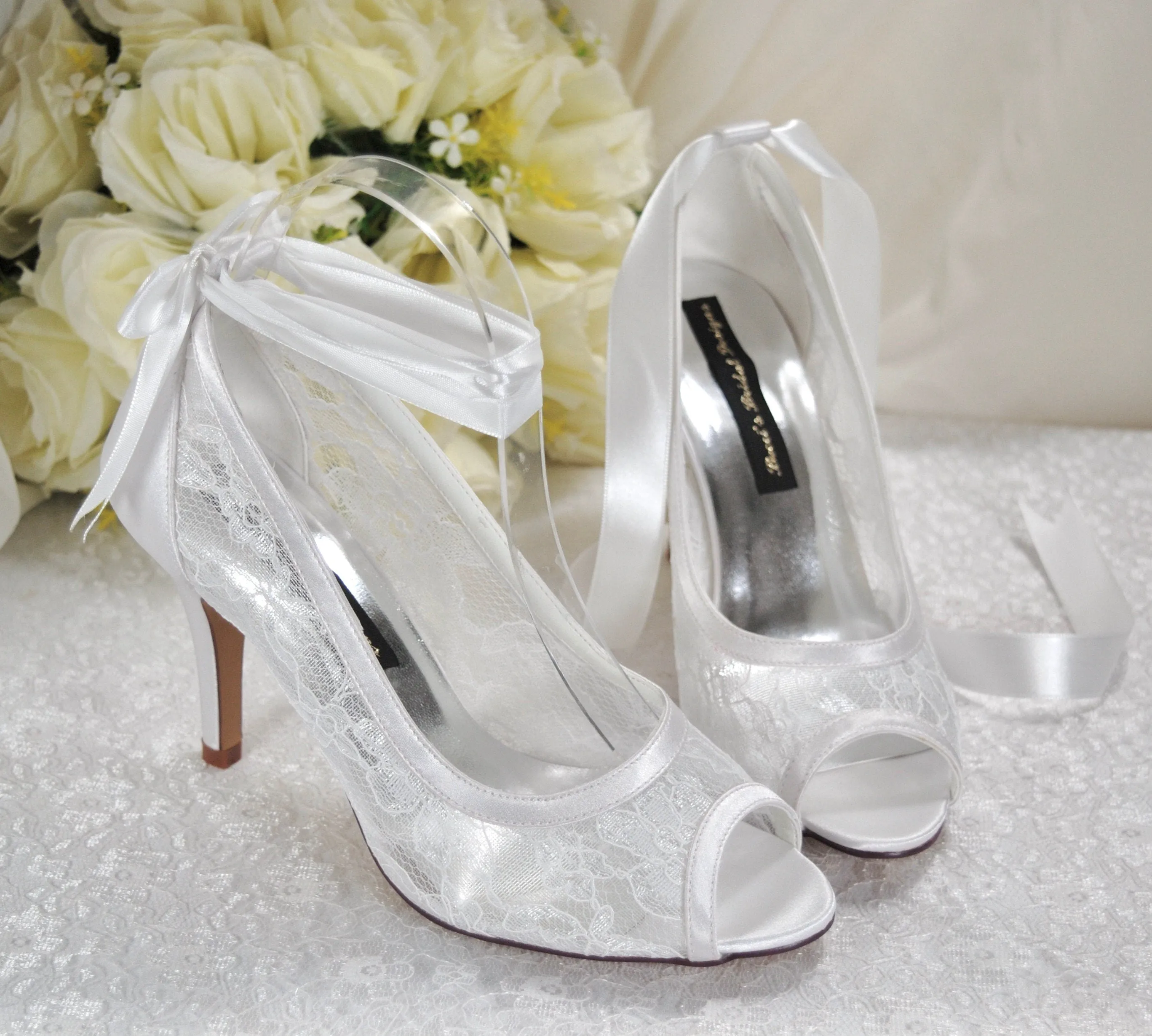 Lace Peep Toe with Ribbon Ankle Tie | White or Ivory
