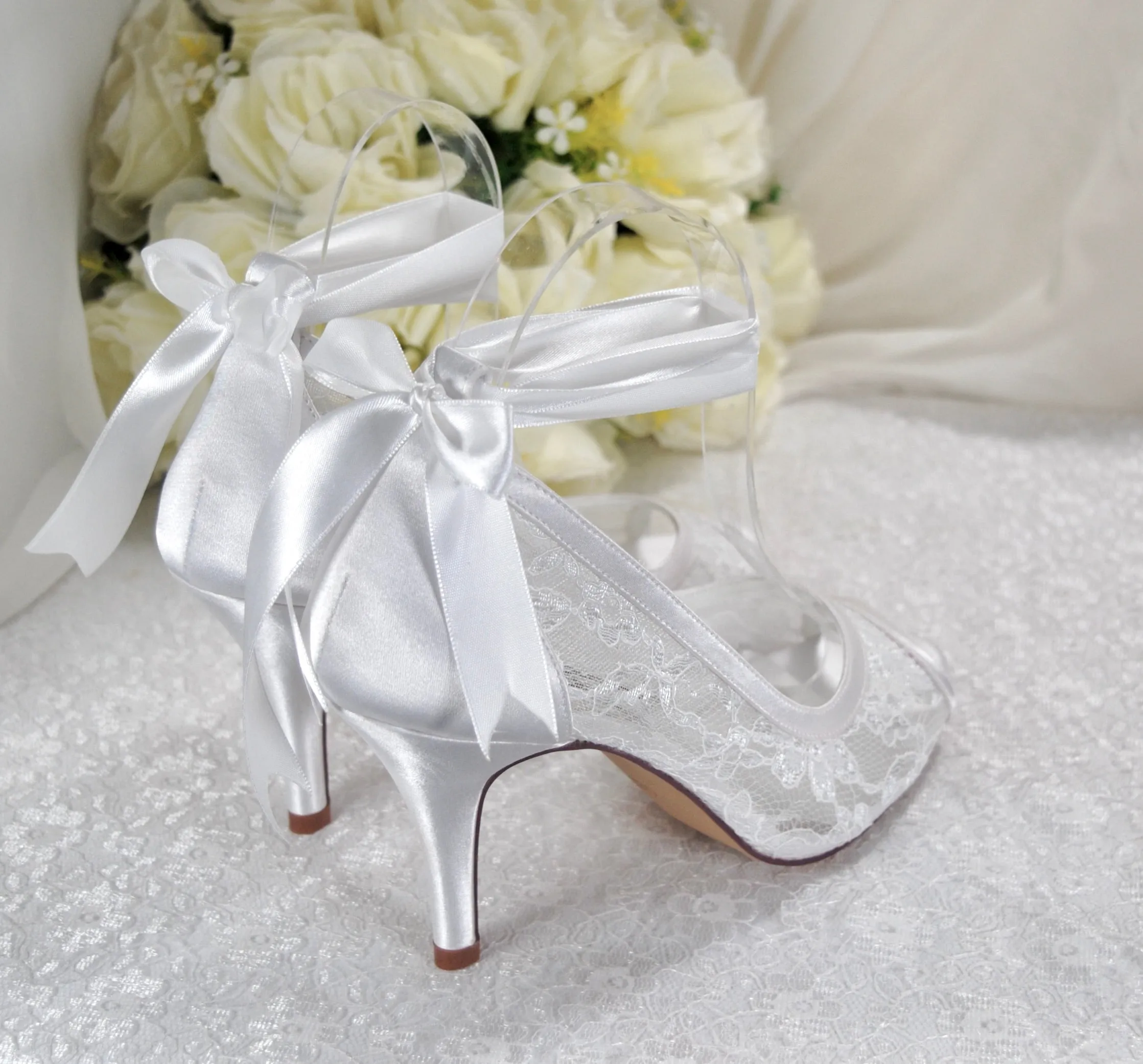 Lace Peep Toe with Ribbon Ankle Tie | White or Ivory