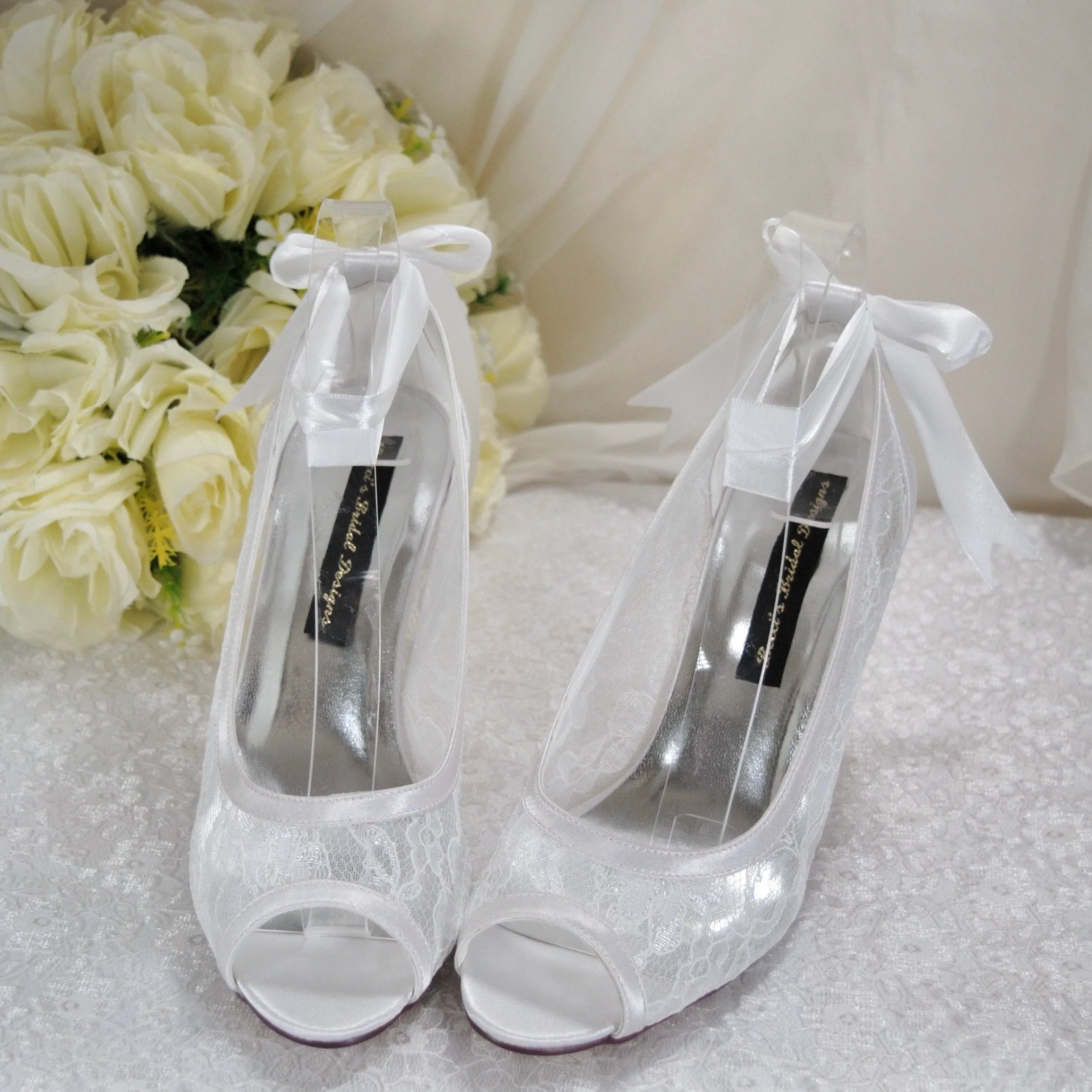 Lace Peep Toe with Ribbon Ankle Tie | White or Ivory