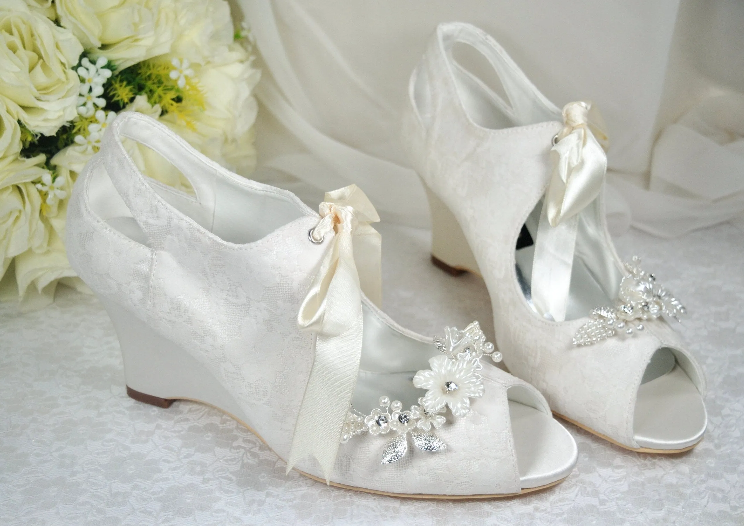 Lace Wedge Heel with Floral Shoe Clip | Ivory or White