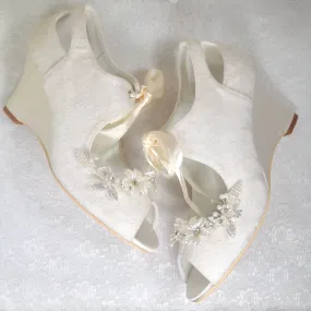 Lace Wedge Heel with Floral Shoe Clip | Ivory or White