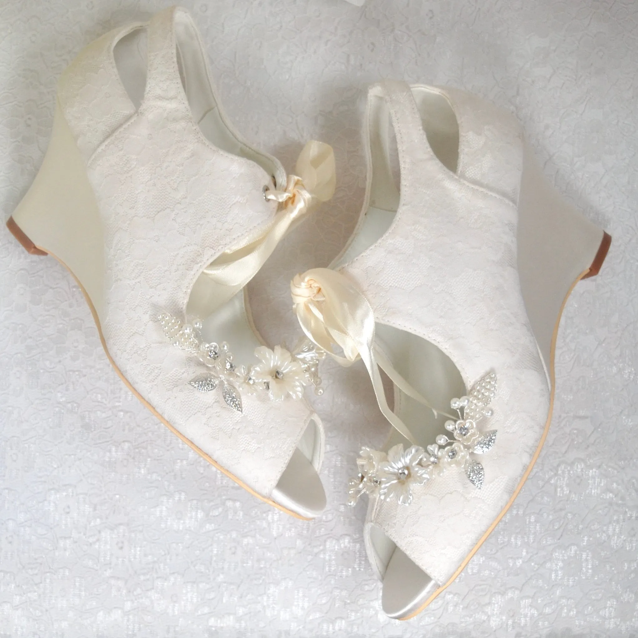 Lace Wedge Heel with Floral Shoe Clip | Ivory or White