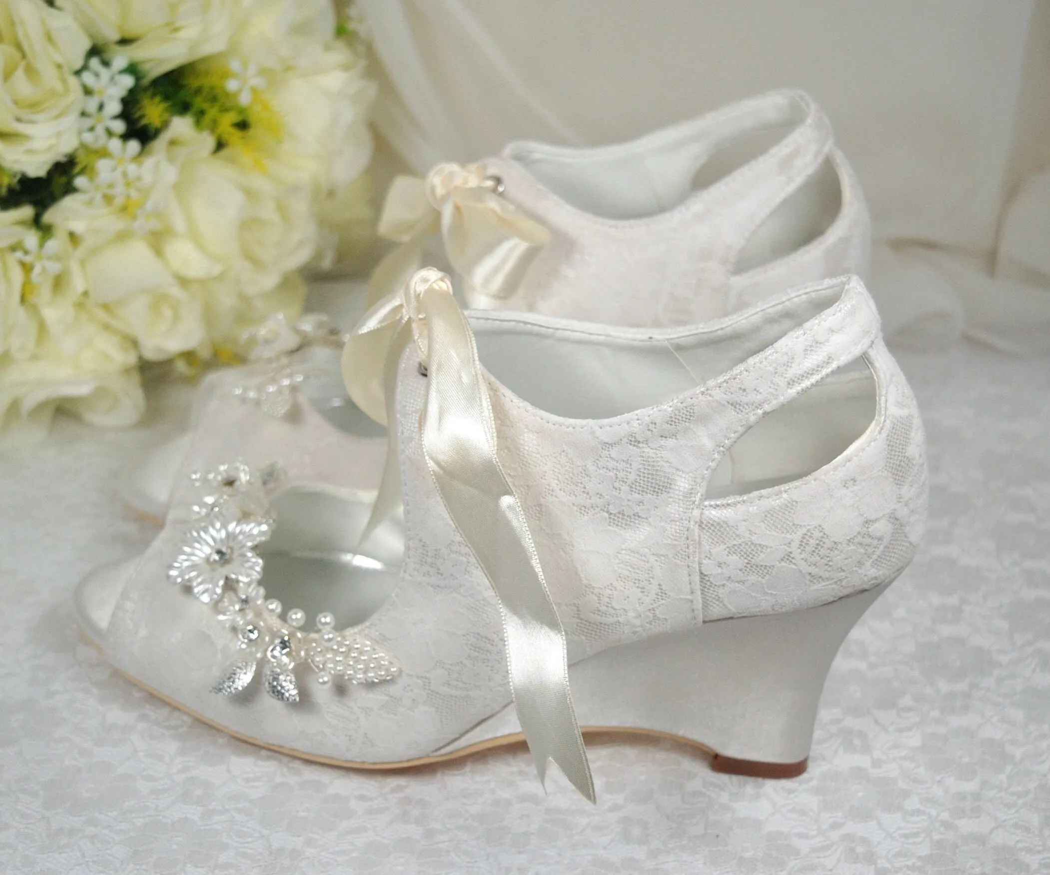 Lace Wedge Heel with Floral Shoe Clip | Ivory or White