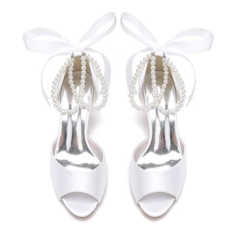 Low Heel Satin Wedding Shoes Peep Toe Pearls Stiletto Buckle Tie-Up Bridal Heels