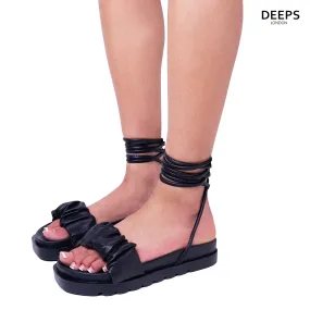 MALAYA WOMEN'S RUCHED FLAT FORM STRAPPY TIE UP SANDALS BLACK