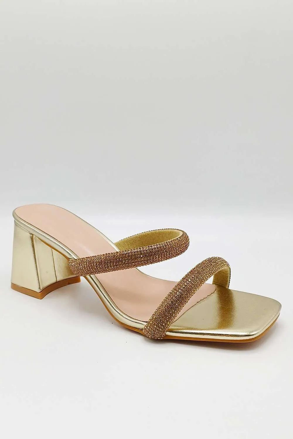 Melina Block Heel Diamante Embellished Mules in Gold