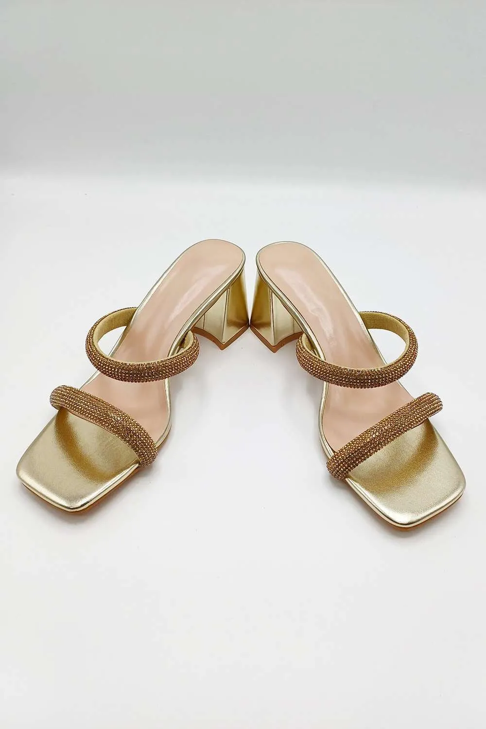 Melina Block Heel Diamante Embellished Mules in Gold