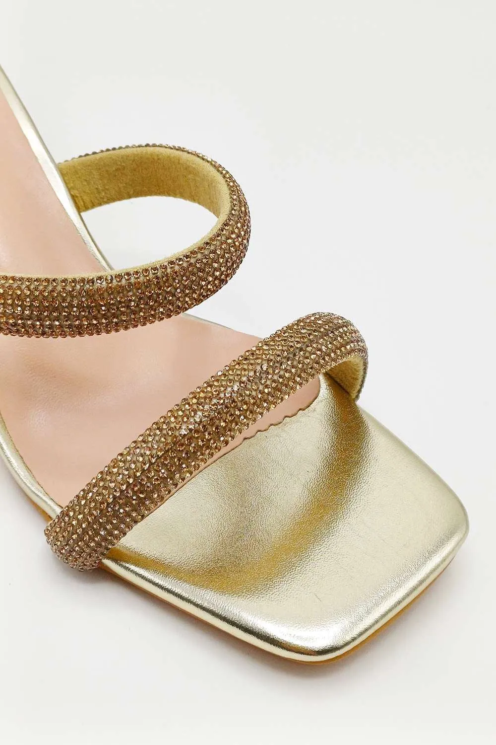 Melina Block Heel Diamante Embellished Mules in Gold