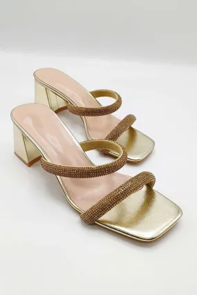 Melina Block Heel Diamante Embellished Mules in Gold