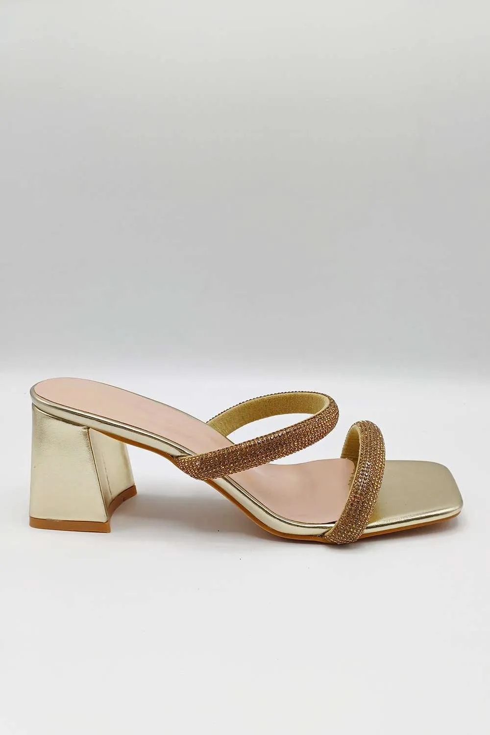 Melina Block Heel Diamante Embellished Mules in Gold